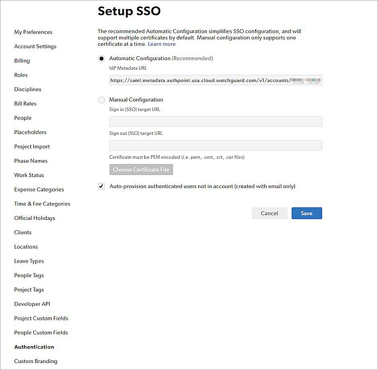 Screenshot of the setup SSO page.